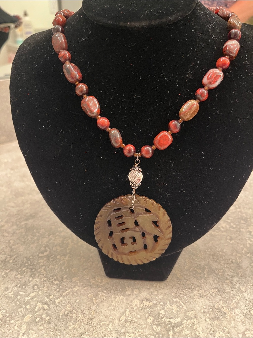 Red Jasper stone Necklace with Carved stone pendant Asian symbol